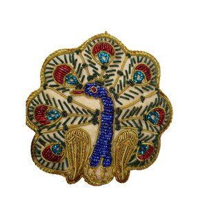 Handmade Embroidered Peacock Hanging Ornament With Golden Trim